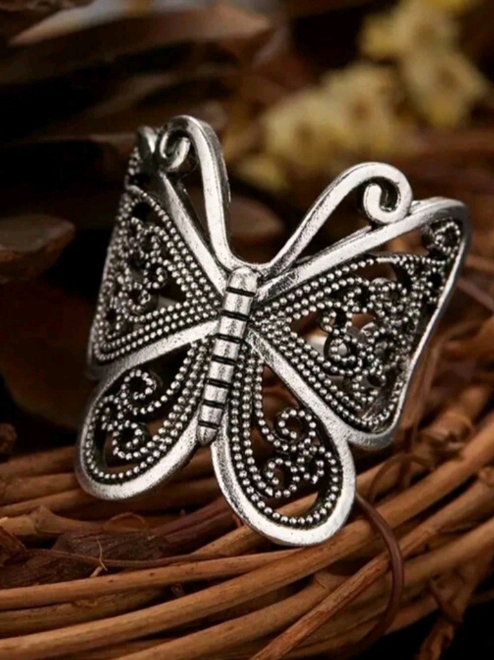 Silver Tone Vintage Style Boho Butterfly Statement Ring Adjustable New!